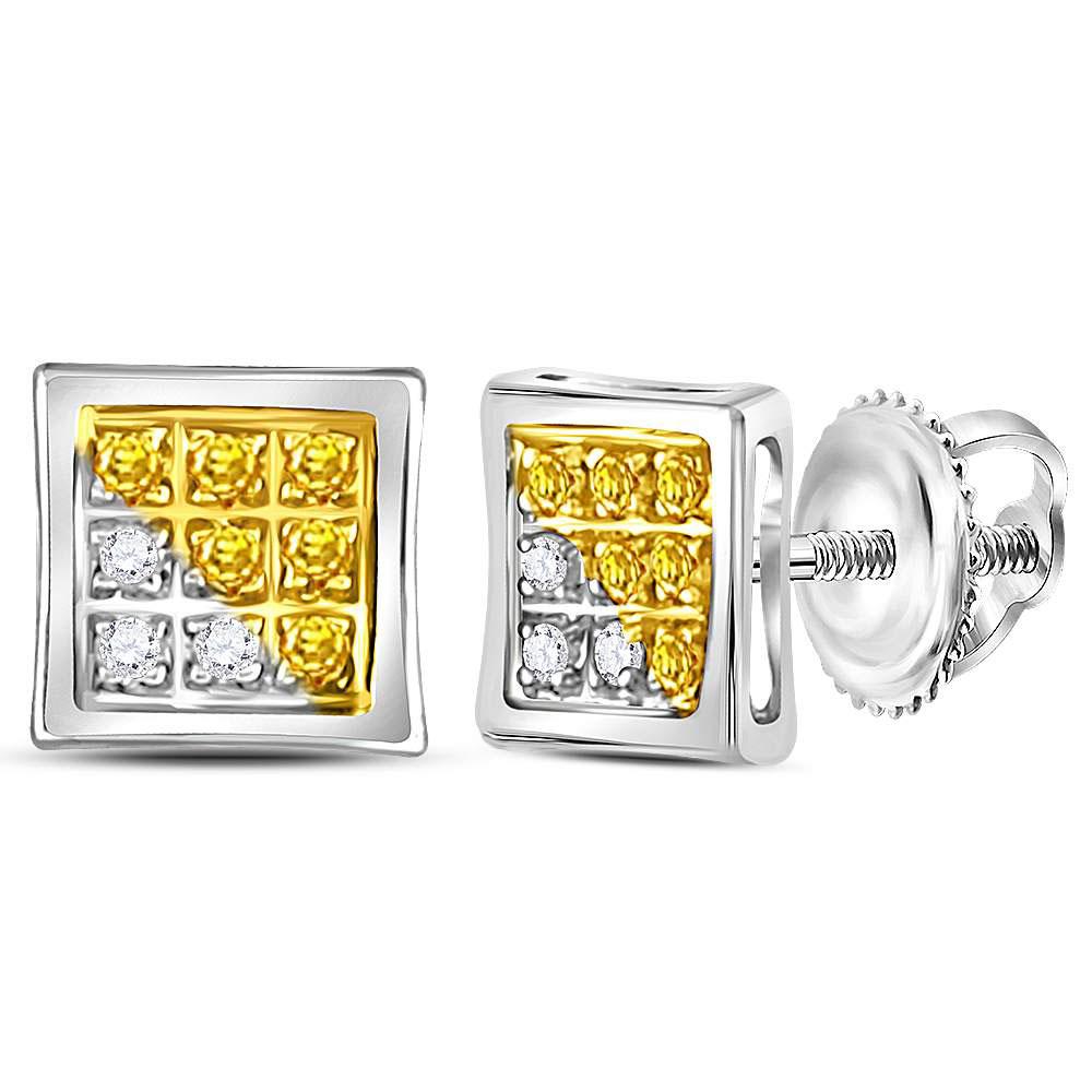 Men's Diamond Earrings | Sterling Silver Mens Round Yellow Color Enhanced Diamond Cluster Earrings 1/20 Cttw | Splendid Jewellery GND