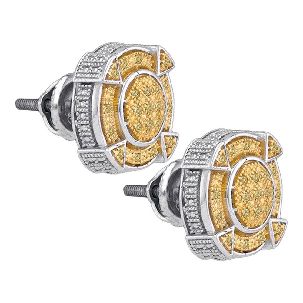 Men's Diamond Earrings | Sterling Silver Mens Round Yellow Color Enhanced Diamond Cluster Earrings 1/6 Cttw | Splendid Jewellery GND