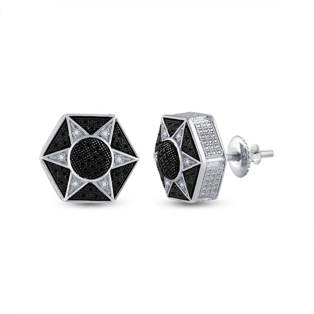Men's Diamond Earrings | Sterling Silver Round Black Color Enhanced Diamond Hexagon Star Cluster Earrings 1/5 Cttw | Splendid Jewellery GND