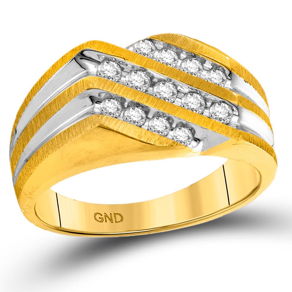 Men's Ring | 10kt Two-tone Gold Mens Round Diamond Diagonal 3 Row Fashion Ring 1/2 Cttw | Splendid Jewellery GND