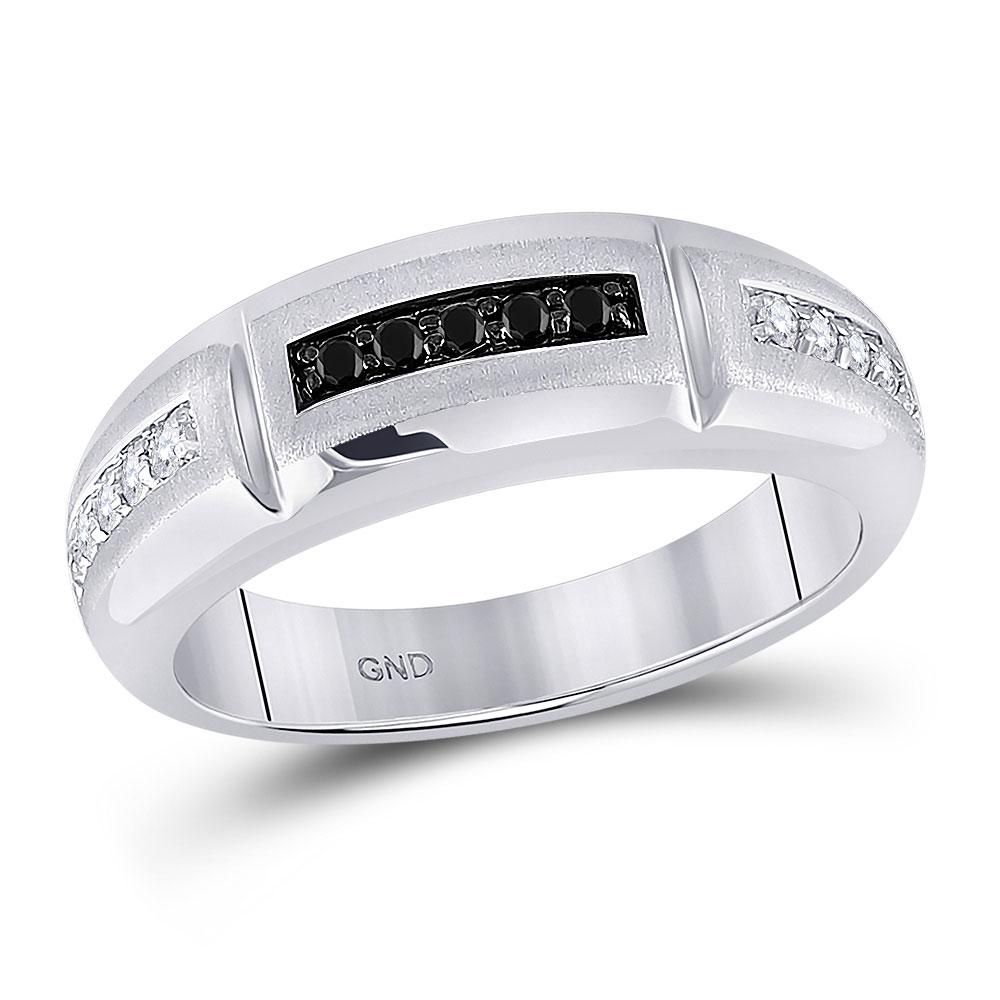 Men's Ring | 10kt White Gold Mens Round Black Color Enhanced Diamond Notched Band Ring 1/4 Cttw | Splendid Jewellery GND