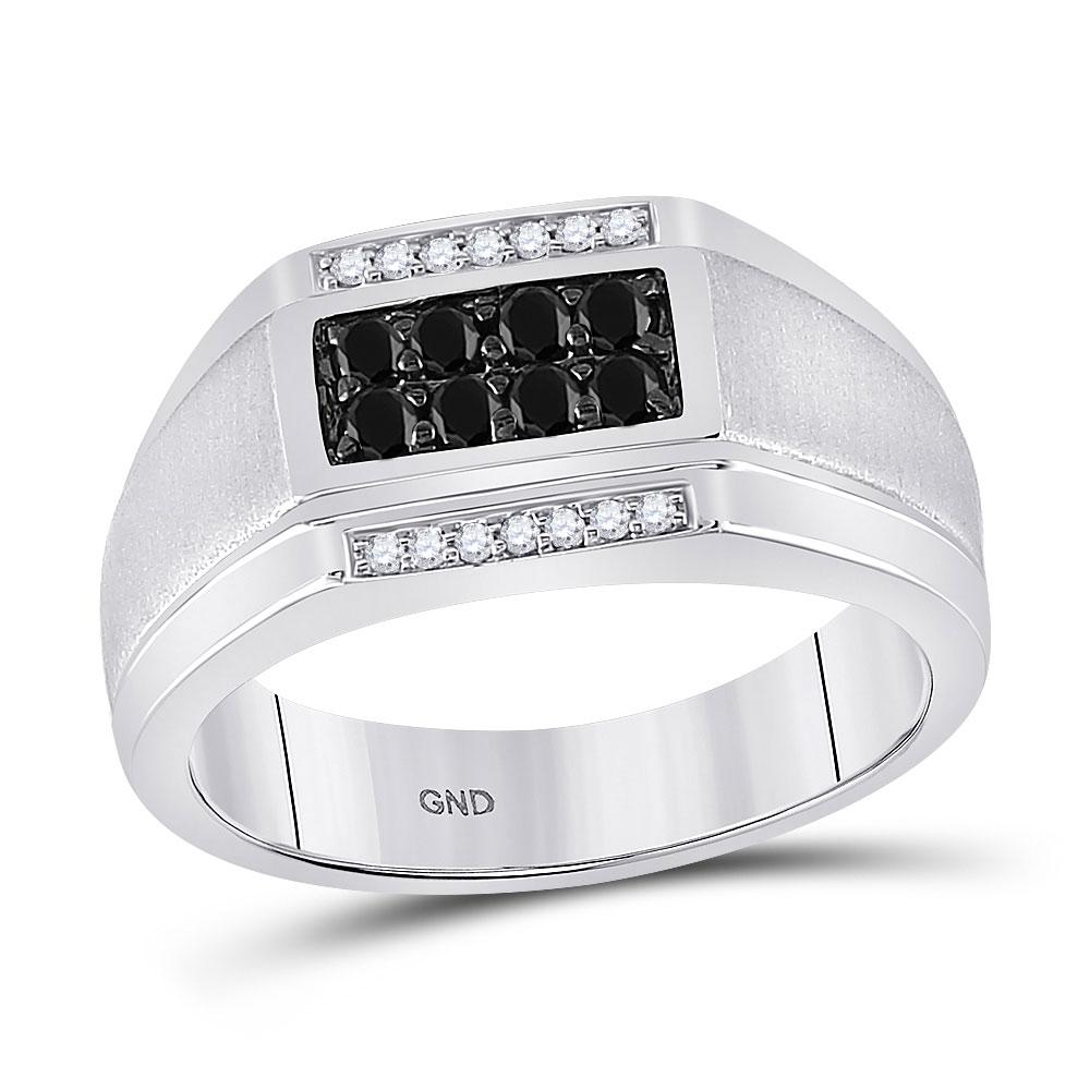 Men's Ring | 10kt White Gold Mens Round Black Color Enhanced Diamond Rectangle Cluster Ring 3/8 Cttw | Splendid Jewellery GND