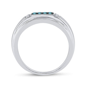 Men's Ring | 10kt White Gold Mens Round Blue Color Enhanced Diamond Band Ring 1/3 Cttw | Splendid Jewellery GND