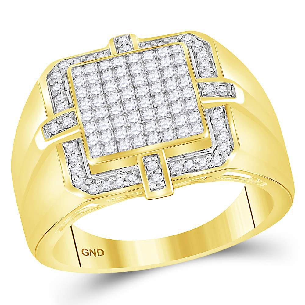 Men's Ring | 10kt Yellow Gold Mens Princess Diamond Square Frame Cluster Ring 1 Cttw | Splendid Jewellery GND