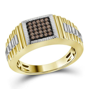 Men's Ring | 10kt Yellow Gold Mens Round Brown Diamond Square Cluster Ribbed Ring 1/4 Cttw | Splendid Jewellery GND