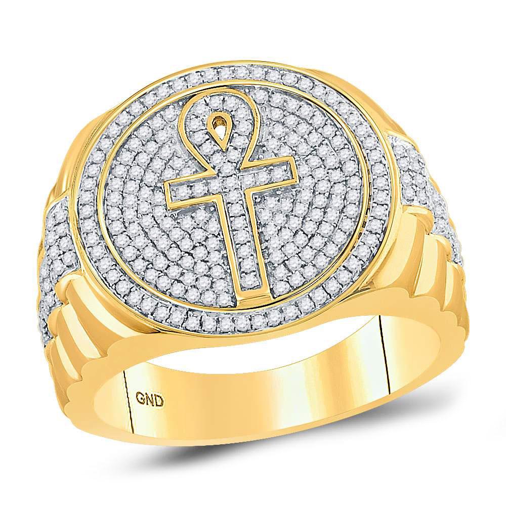 Men's Ring | 10kt Yellow Gold Mens Round Diamond Ankh Cross Cluster Ring 3/4 Cttw | Splendid Jewellery GND
