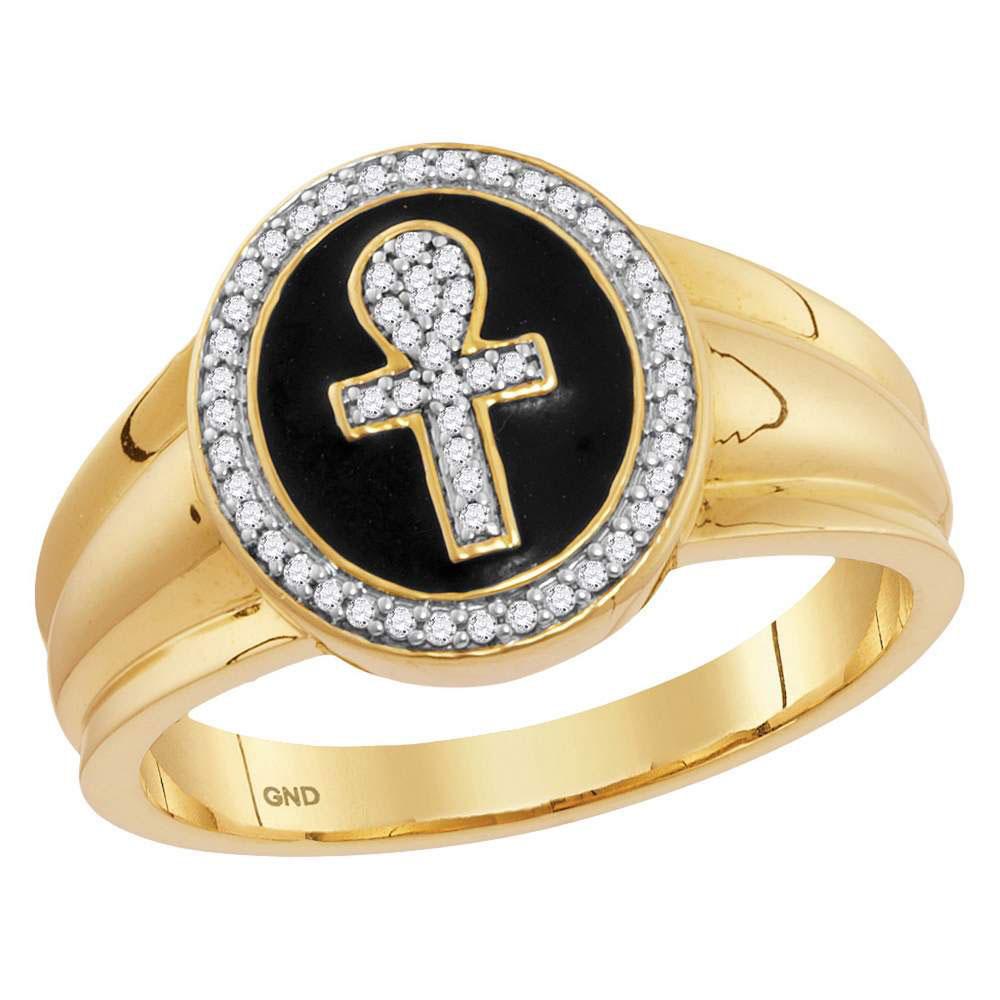 Men's Ring | 10kt Yellow Gold Mens Round Diamond Ankh Cross Fashion Ring 1/6 Cttw | Splendid Jewellery GND