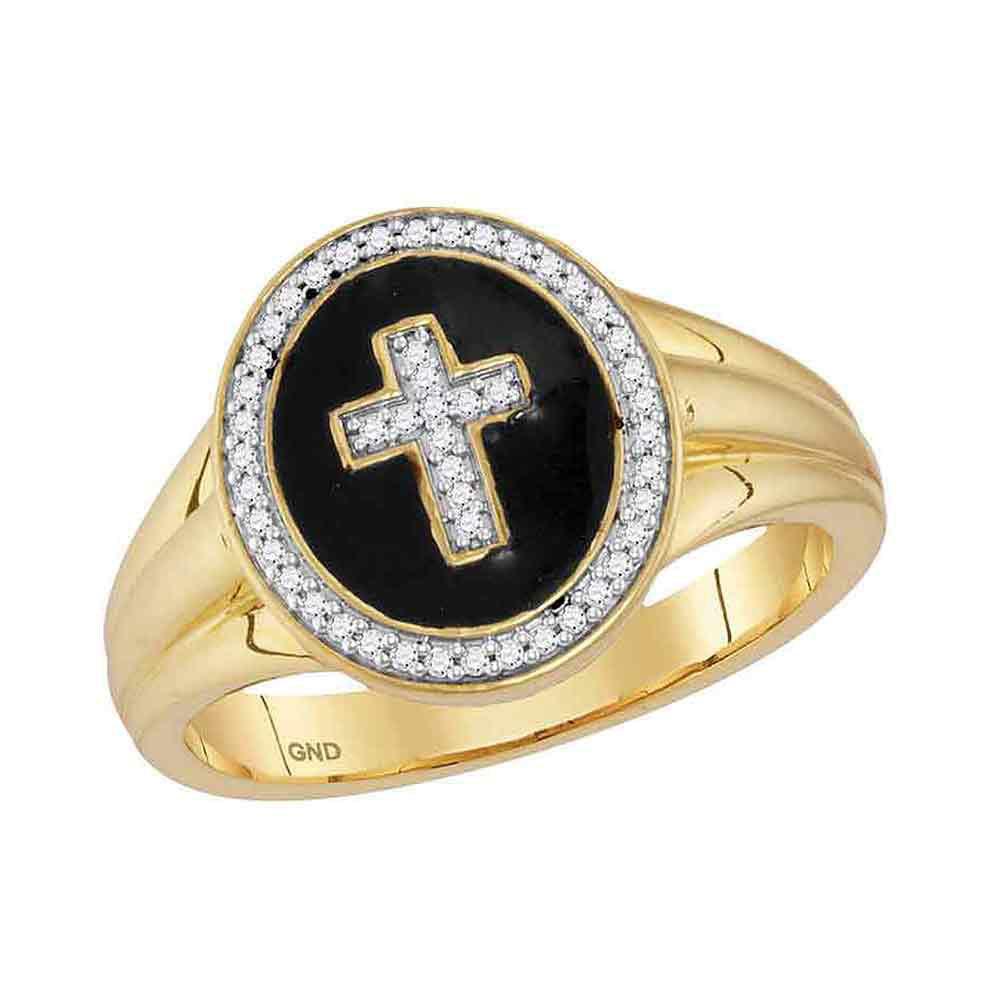 Men's Ring | 10kt Yellow Gold Mens Round Diamond Cross Crucifix Fashion Ring 1/6 Cttw | Splendid Jewellery GND