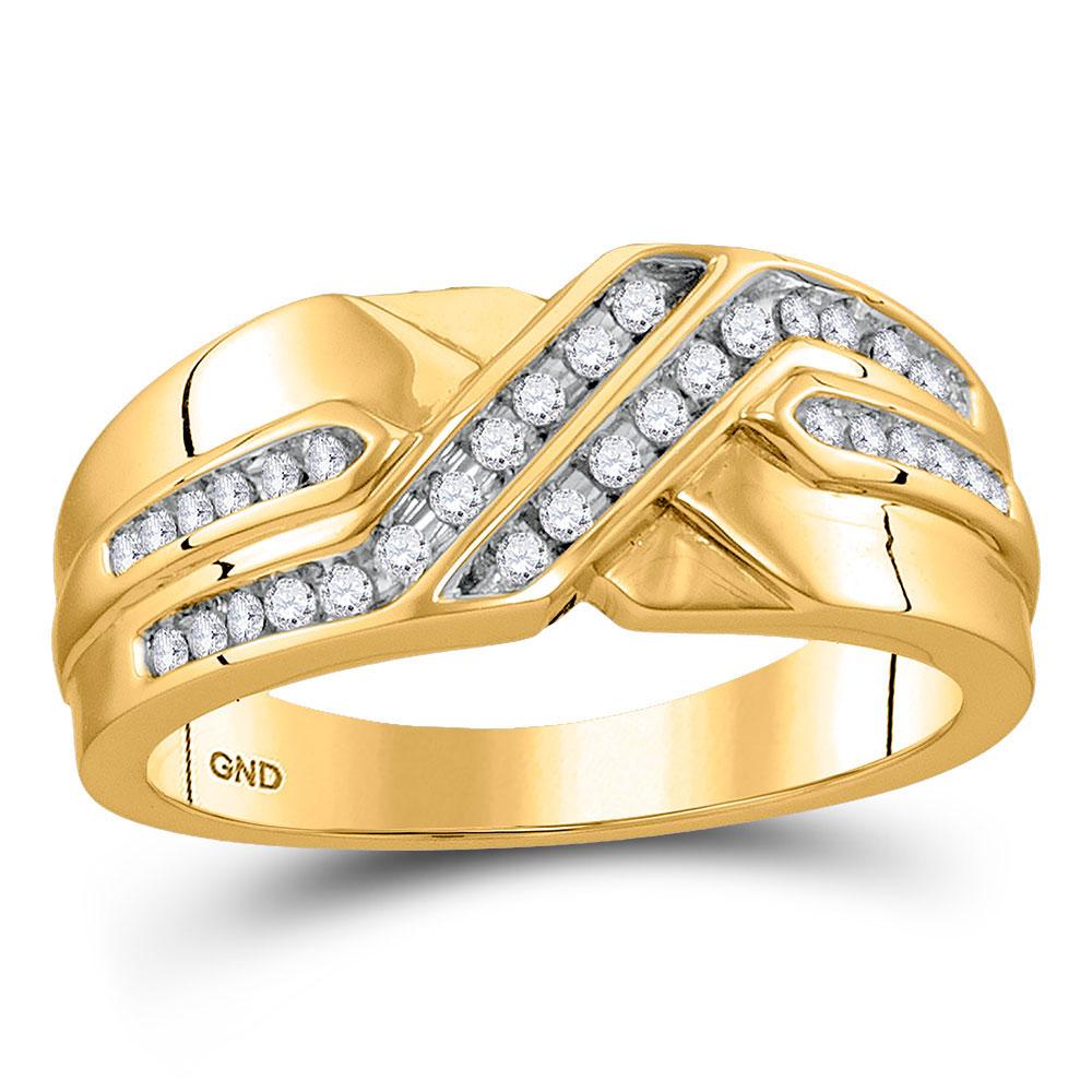 Men's Ring | 10kt Yellow Gold Mens Round Diamond Diagonal Double Row Band Ring 1/4 Cttw | Splendid Jewellery GND