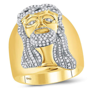 Men's Ring | 10kt Yellow Gold Mens Round Diamond Jesus Face Cluster Ring 1 Cttw | Splendid Jewellery GND