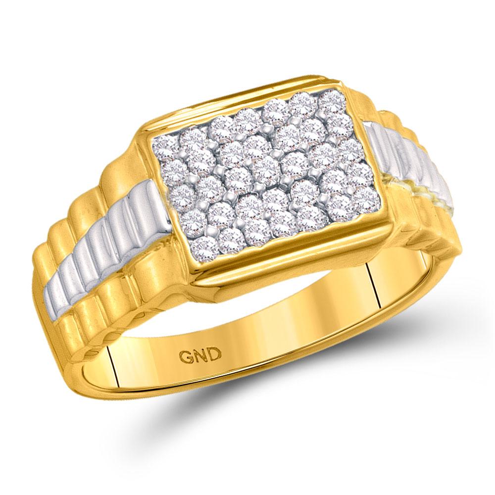 Men's Ring | 10kt Yellow Gold Mens Round Diamond Rectangle Cluster Ribbed Two-tone Ring 1/2 Cttw | Splendid Jewellery GND