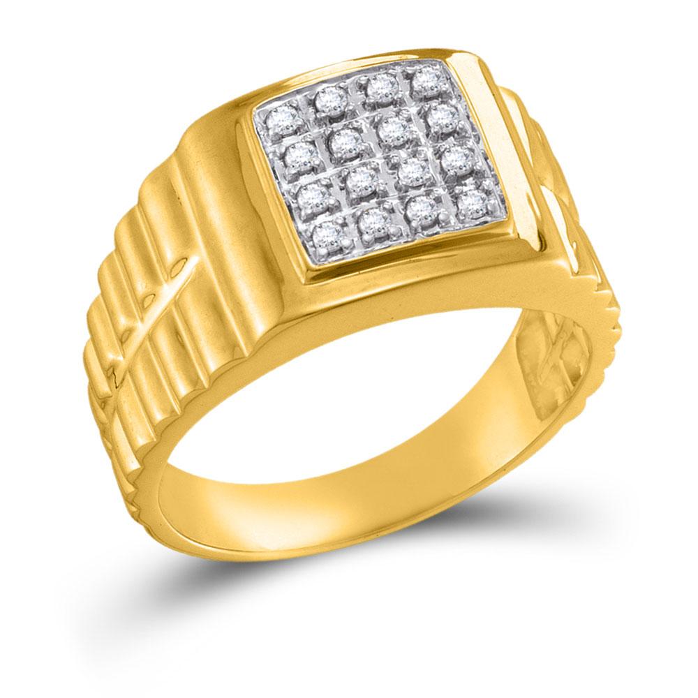 Men's Ring | 10kt Yellow Gold Mens Round Diamond Square 2-tone Cluster Ring 1/4 Cttw | Splendid Jewellery GND