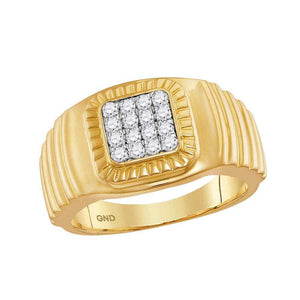 Men's Ring | 10kt Yellow Gold Mens Round Diamond Square Cluster Ribbed Accent Ring 1/2 Cttw | Splendid Jewellery GND