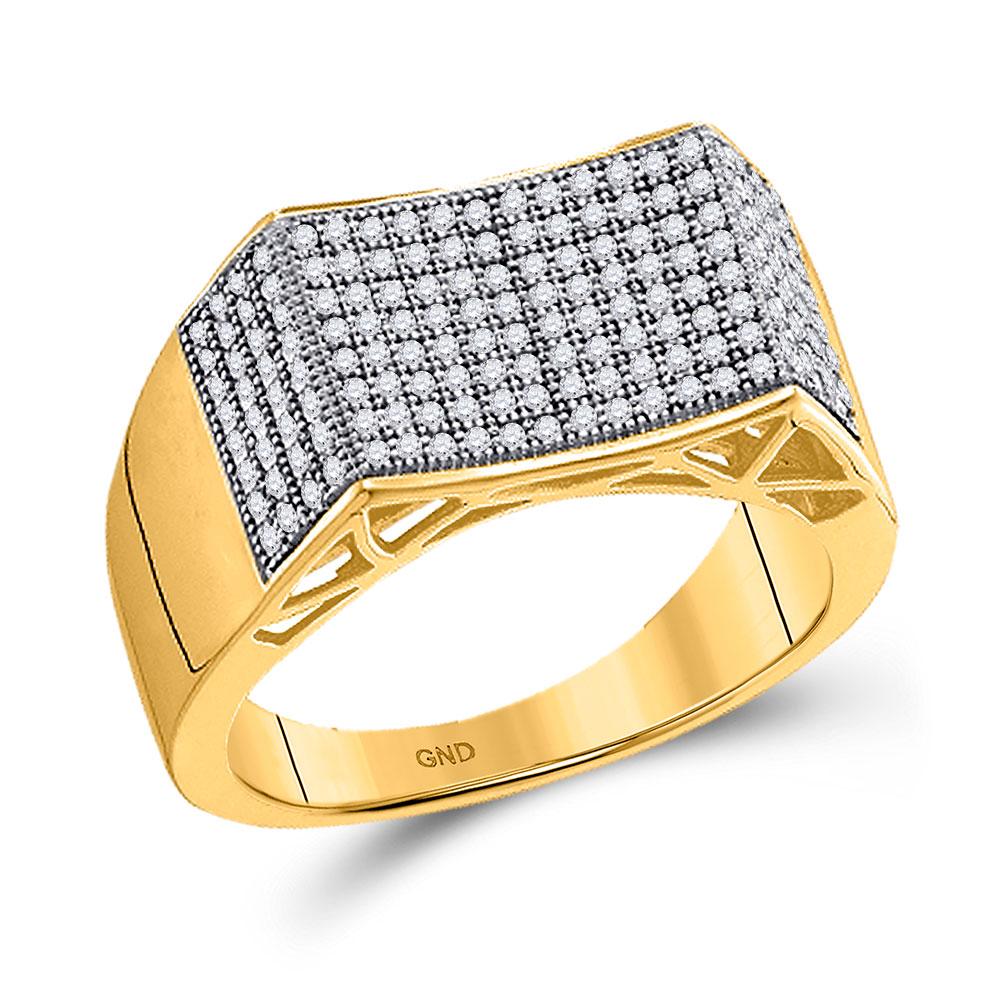 Men's Ring | 10kt Yellow Gold Mens Round Pave-set Diamond Concave Rectangle Cluster Ring 1/2 Cttw | Splendid Jewellery GND