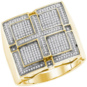 Men's Ring | 10kt Yellow Gold Mens Round Pave-set Diamond Square Cross Cluster Ring 1/2 Cttw | Splendid Jewellery GND