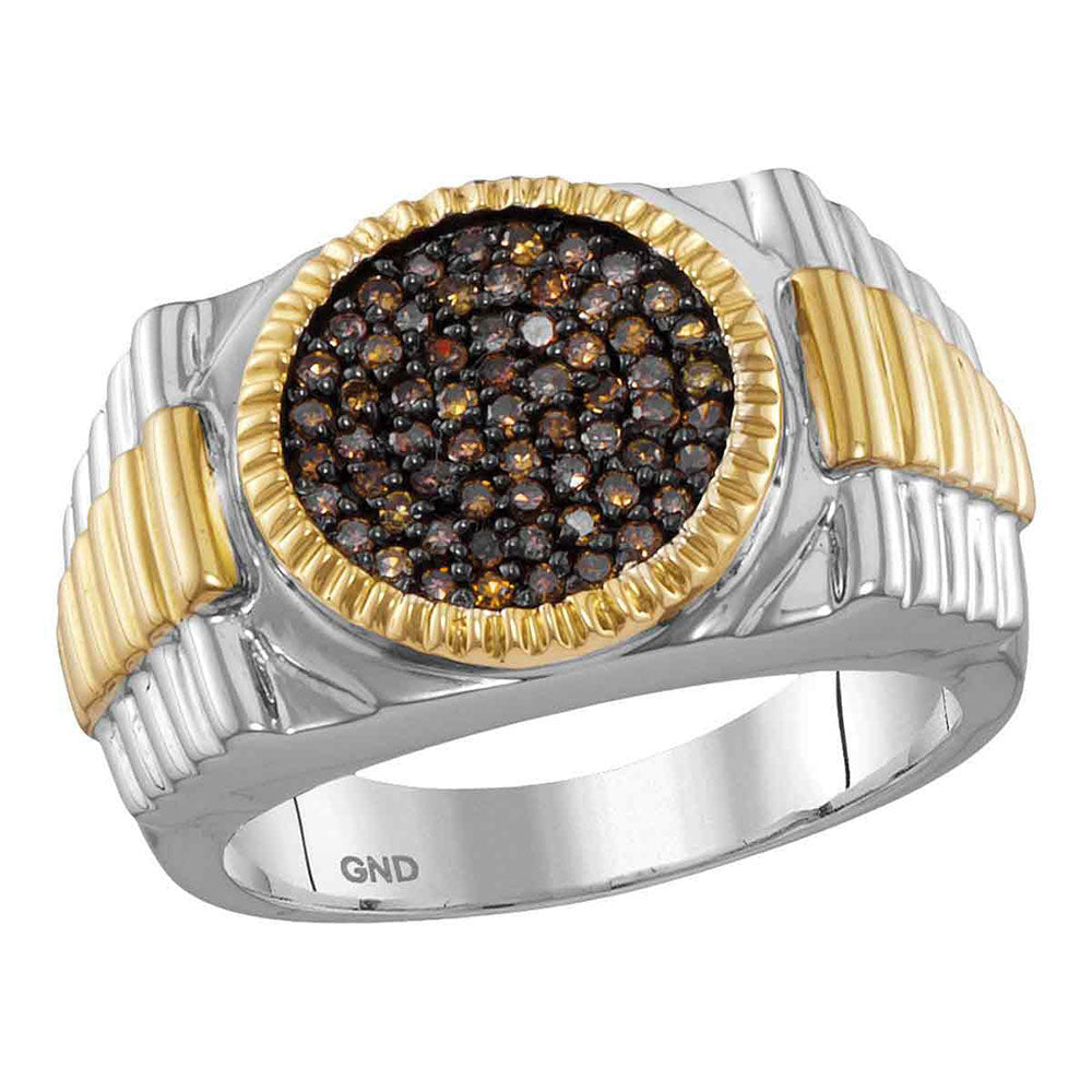 Men's Rings | 10kt Two-tone Gold Mens Round Brown Diamond Ribbed Circle Cluster Ring 1/2 Cttw | Splendid Jewellery GND