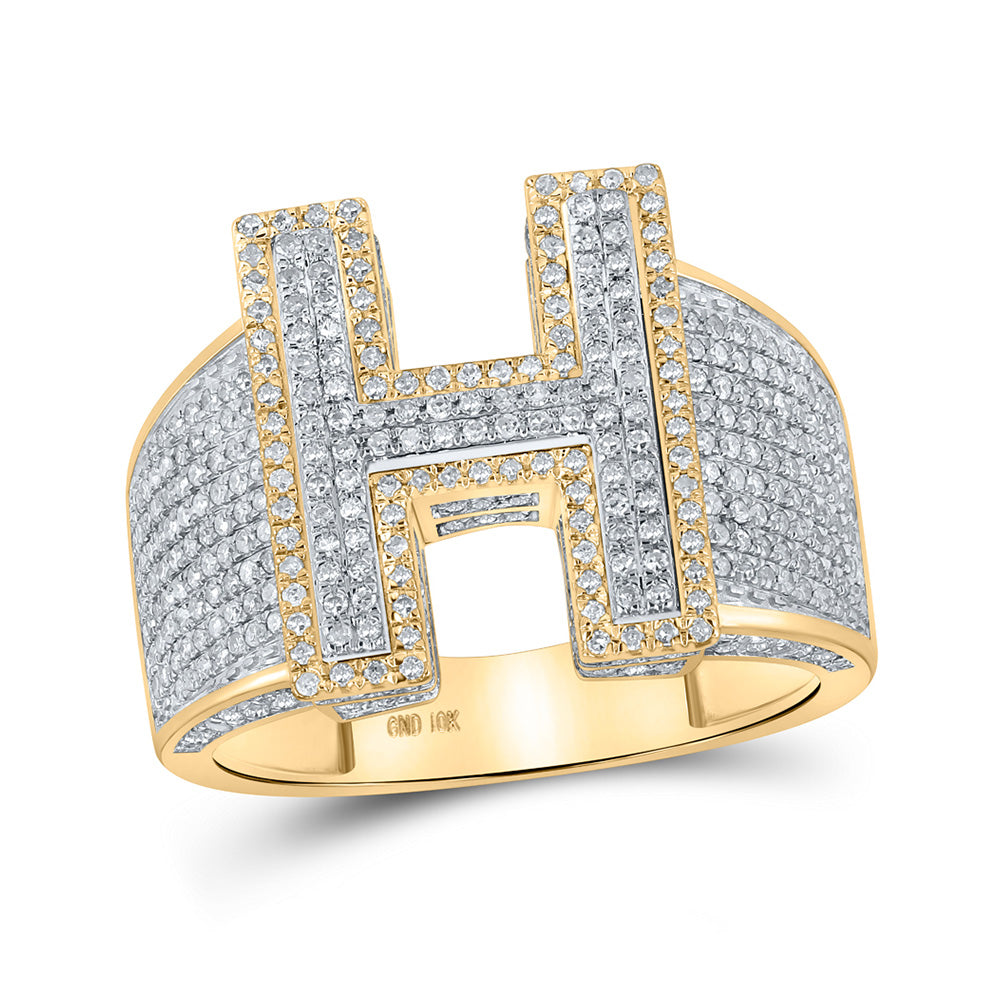Men's Rings | 10kt Two-tone Gold Mens Round Diamond H Initial Letter Ring 1-1/5 Cttw | Splendid Jewellery GND