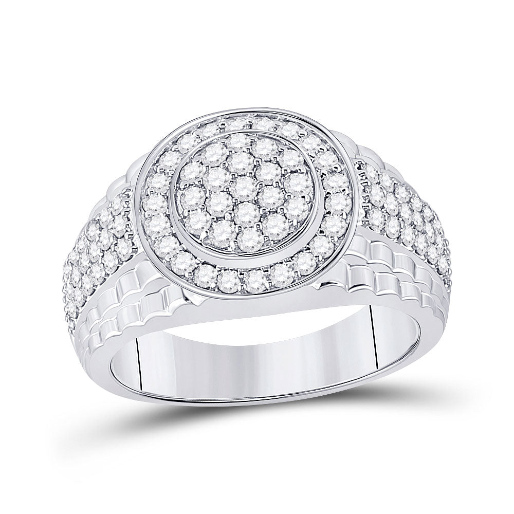 Men's Rings | 10kt White Gold Mens Round Diamond Fashion Cluster Ring 1-3/8 Cttw | Splendid Jewellery GND