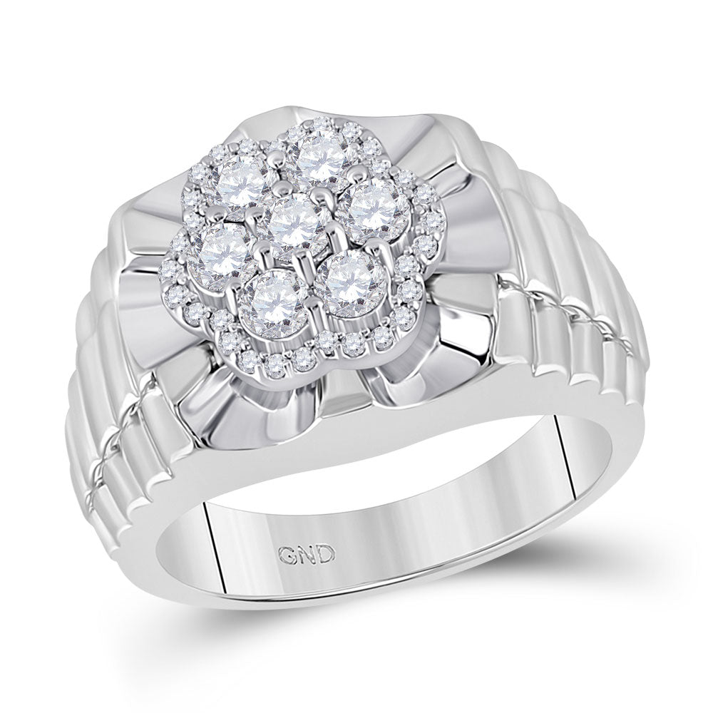 Men's Rings | 10kt White Gold Mens Round Diamond Scalloped Cluster Ring 1 Cttw | Splendid Jewellery GND