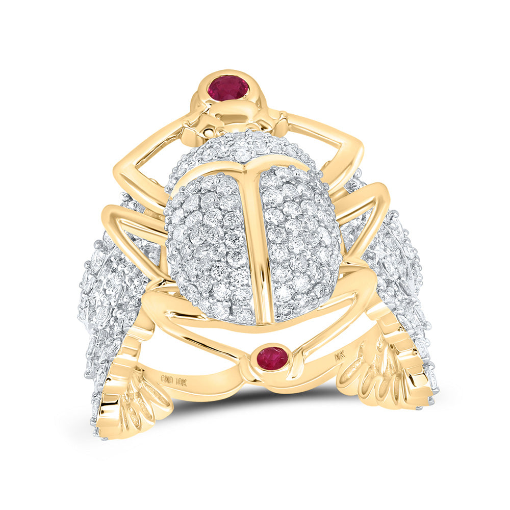 Men's Rings | 10kt Yellow Gold Mens Round Ruby Diamond Scarab Band Ring 2-3/8 Cttw | Splendid Jewellery GND