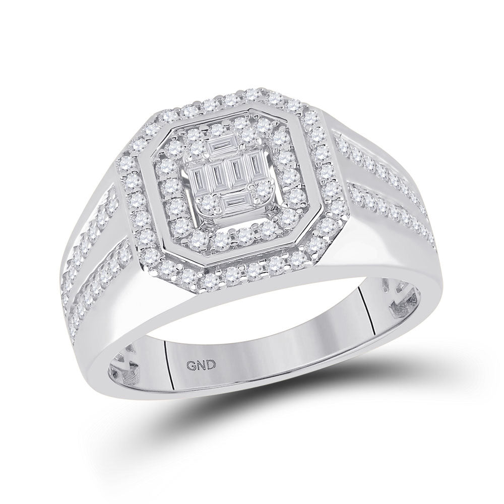 Men's Rings | 14kt White Gold Mens Baguette Diamond Octagon Cluster Ring 3/4 Cttw | Splendid Jewellery GND