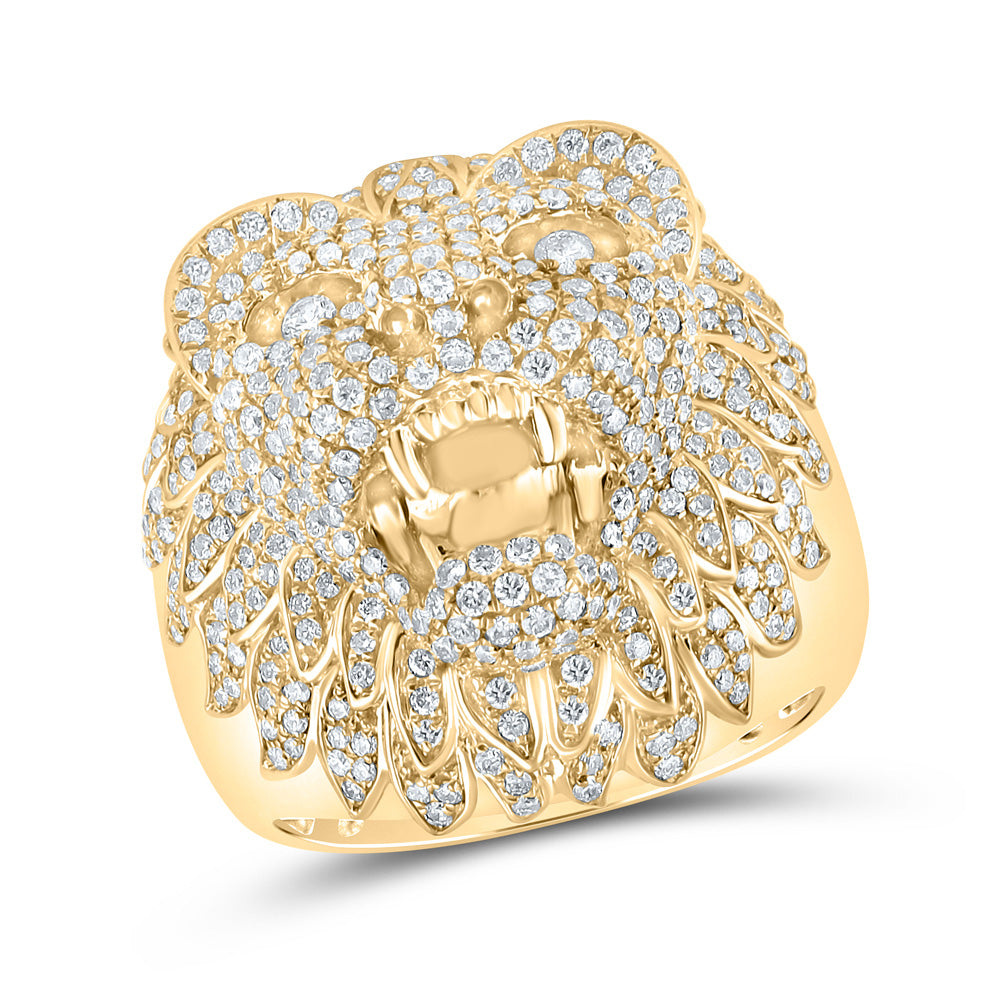 Men's Rings | 14kt Yellow Gold Mens Round Diamond Lion Head Animal Ring 2-3/4 Cttw | Splendid Jewellery GND