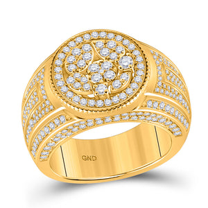 Men's Rings | 14kt Yellow Gold Mens Round Diamond Statement Circle Cluster Ring 2-1/5 Cttw | Splendid Jewellery GND