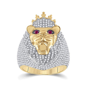Men's Rings | 14kt Yellow Gold Mens Round Ruby Diamond Lion Face Animal Ring 1-3/4 Cttw | Splendid Jewellery GND