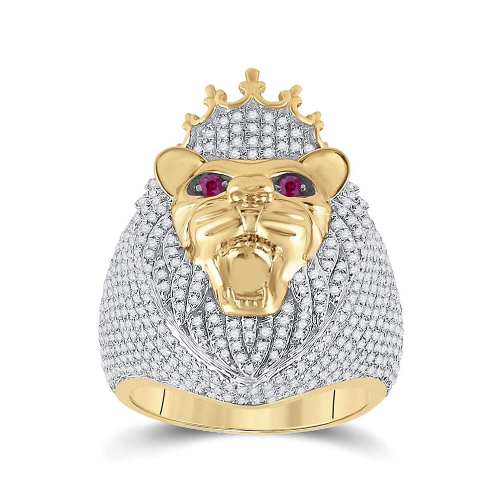 Men's Rings | 14kt Yellow Gold Mens Round Ruby Diamond Lion Face Animal Ring 1-3/4 Cttw | Splendid Jewellery GND