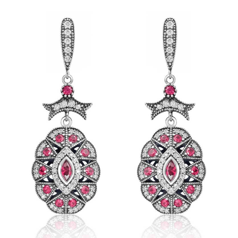 Natural Sterling Silver CZ Red Crystal Vintage Earrings for women Splendid Jewellery