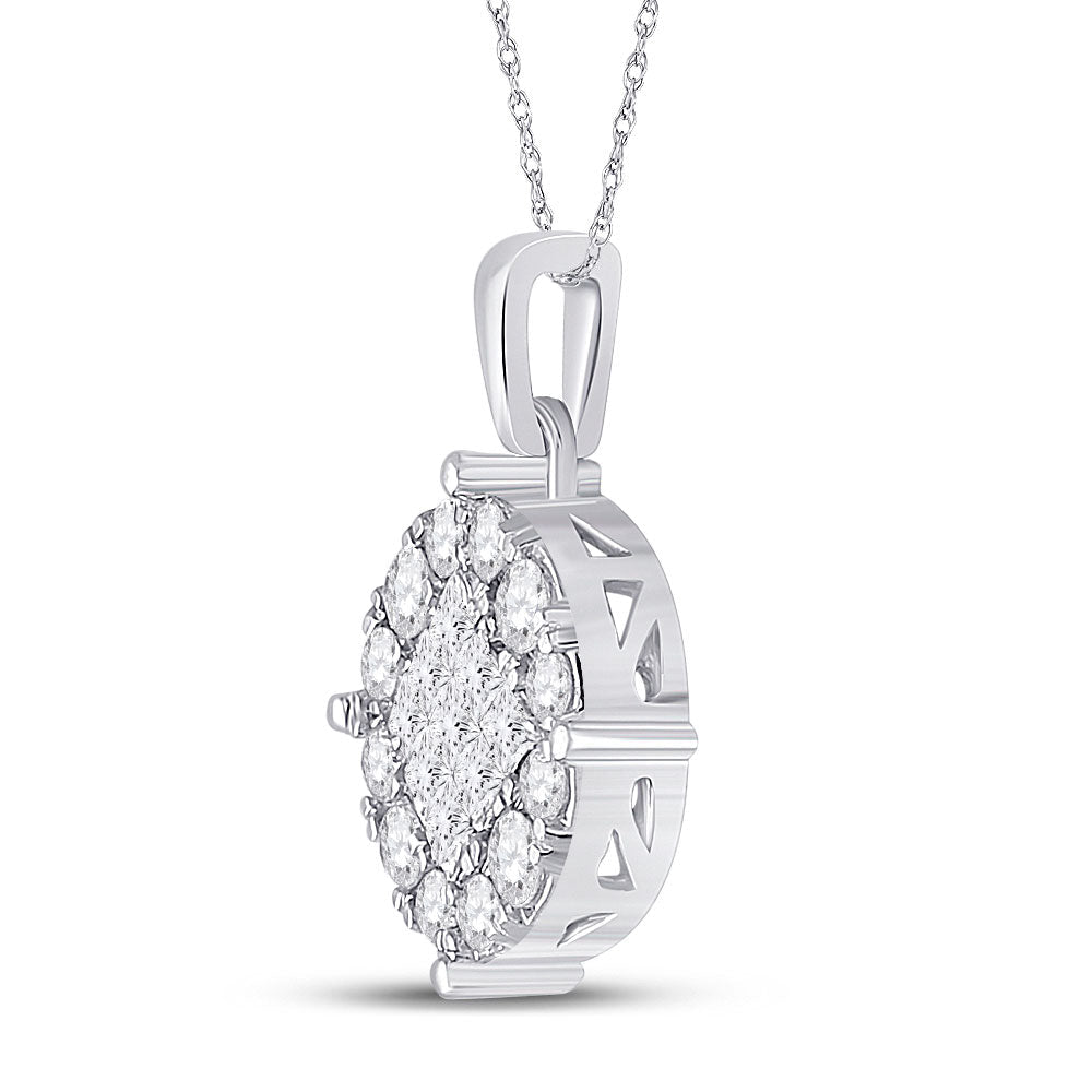 Princess Brilliance Diamond Pendant | 14kt White Gold Circle Cluster Necklace 1 Cttw - Splendid Jewellery