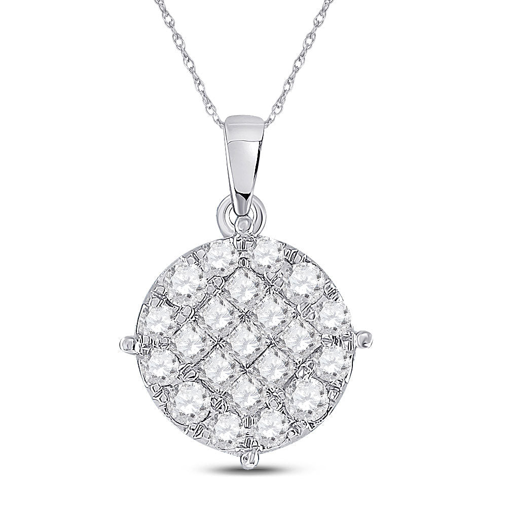 Princess Brilliance Diamond Pendant | 14kt White Gold Circle Cluster Necklace 1 Cttw - Splendid Jewellery