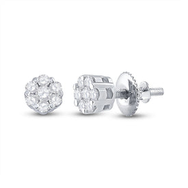 Radiant Blooms: 10kt White Gold Womens Round Diamond Flower Cluster Earrings 1/10 Cttw - Splendid Jewellery