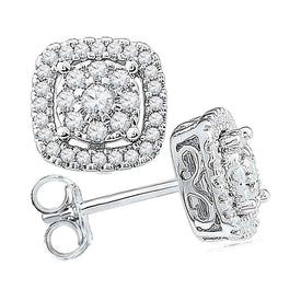 Radiant Brilliance: 10kt White Gold Womens Round Diamond Framed Square Cluster Earrings 1/2 Cttw - Splendid Jewellery