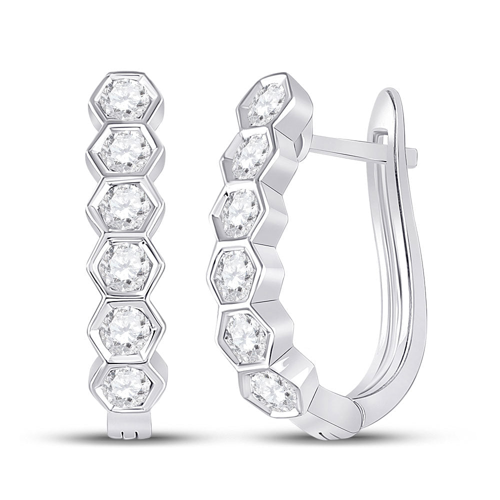 Radiant Brilliance: 14kt White Gold Womens Round Diamond Hexagon Hoop Earrings - Splendid Jewellery