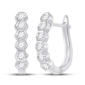 Radiant Brilliance: 14kt White Gold Womens Round Diamond Hexagon Hoop Earrings - Splendid Jewellery