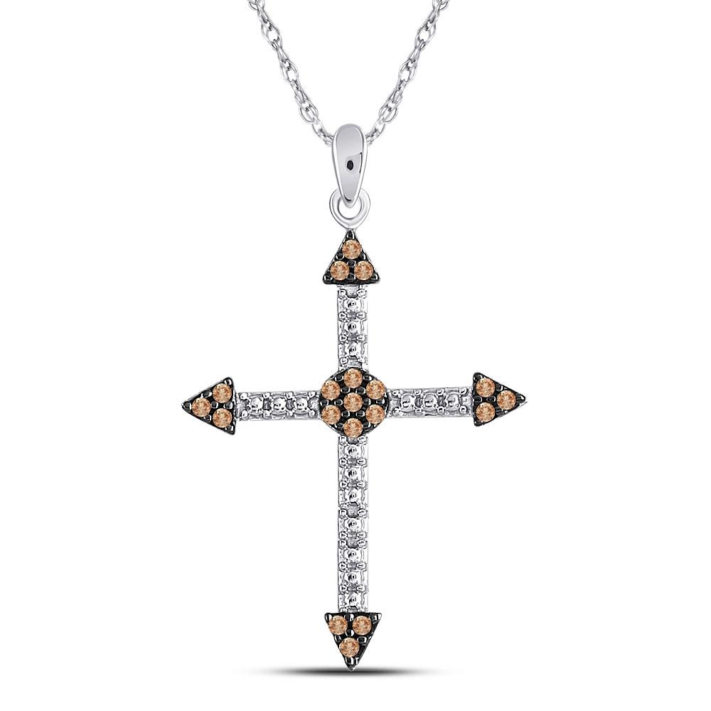 Radiant Brown Diamond Cross Pendant - 10kt White Gold Women's Beaded Necklace 1/6 Cttw - Splendid Jewellery