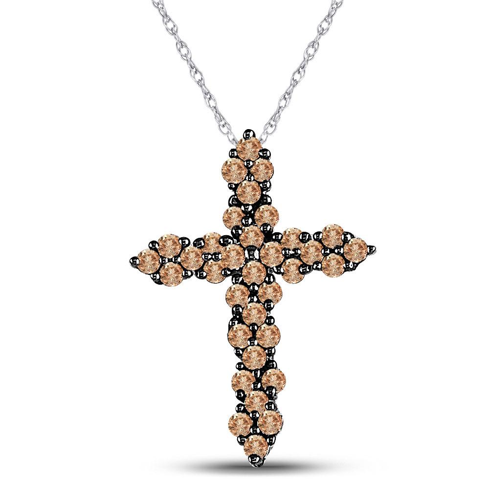 Radiant Brown Diamond Cross Pendant | 10kt White Gold Womens Round Brown Diamond Cross Pendant 1/2 Cttw - Splendid Jewellery