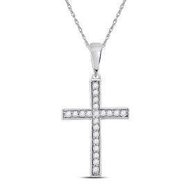 Radiant Diamond Cross Pendant | 10kt White Gold Womens Round Diamond Cross Pendant 1/20 Cttw - Splendid Jewellery