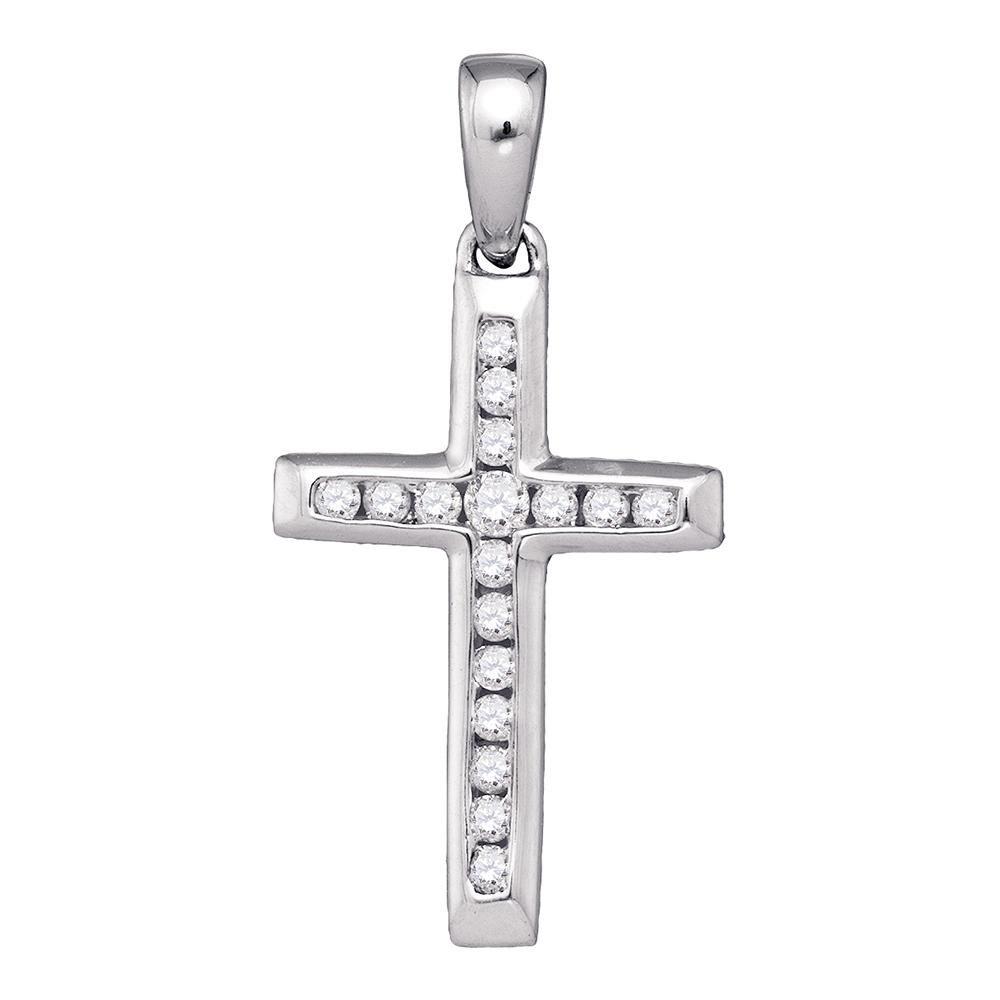 Radiant Faith: 10kt White Gold Womens Round Diamond Small Cross Pendant - Splendid Jewellery