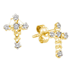 Radiant Faith: 10kt Yellow Gold Womens Round Diamond Cross Earrings - Splendid Jewellery