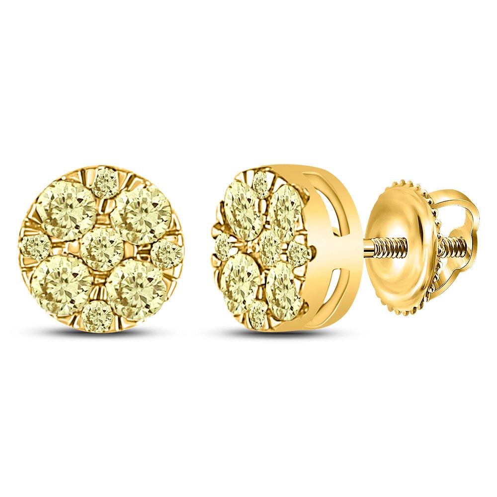 Radiant Glow: 14kt Yellow Gold Womens Round Yellow Diamond Cluster Earrings - Splendid Jewellery