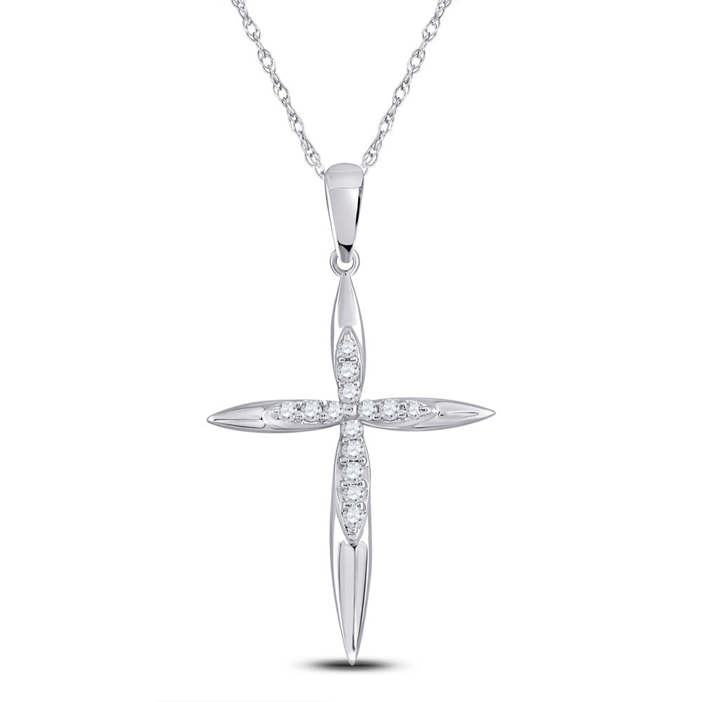 Radiant Grace: 10kt White Gold Womens Round Diamond Cross Pendant 1/8 Cttw - Splendid Jewellery