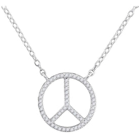 Radiant Harmony: 10kt White Gold Womens Round Diamond Peace Sign Circle Pendant Necklace - Splendid Jewellery