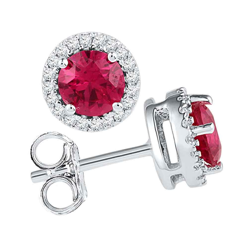 Radiant Red Sparkle: 10kt White Gold Womens Round Lab - Created Ruby Diamond Stud Earrings 1 - 1/3 Cttw - Splendid Jewellery