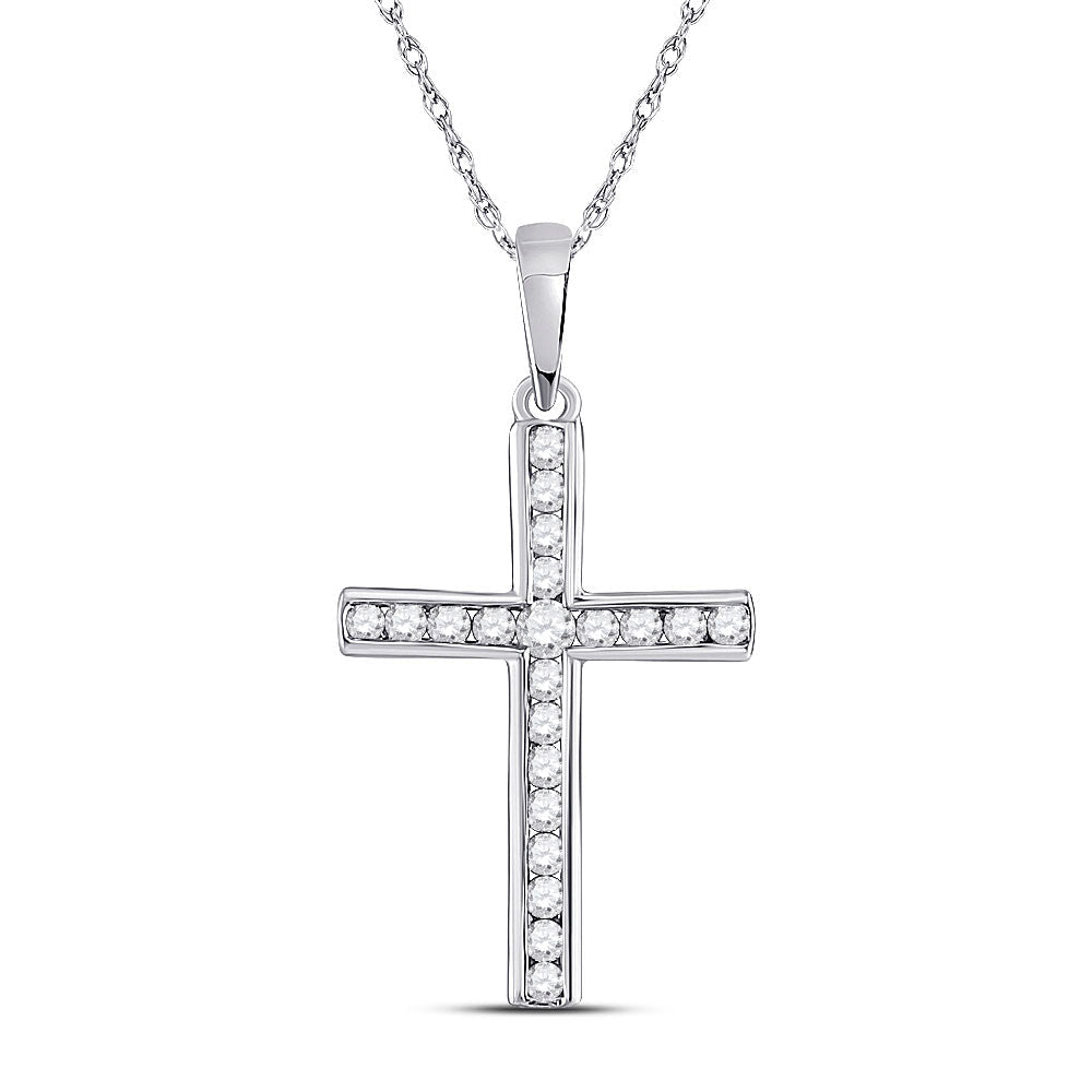 Radiant Reflections: 10kt White Gold Womens Round Diamond Cross Pendant - Splendid Jewellery