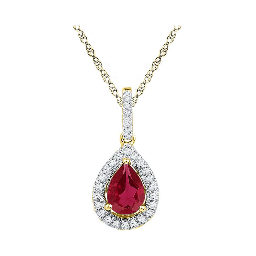 Radiant Ruby Brilliance: 10kt Yellow Gold Women's Pear Lab - Created Ruby Solitaire Diamond Frame Pendant - Splendid Jewellery