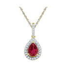 Radiant Ruby Brilliance: 10kt Yellow Gold Women's Pear Lab - Created Ruby Solitaire Diamond Frame Pendant - Splendid Jewellery