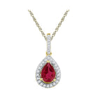 Radiant Ruby Brilliance: 10kt Yellow Gold Women's Pear Lab - Created Ruby Solitaire Diamond Frame Pendant - Splendid Jewellery