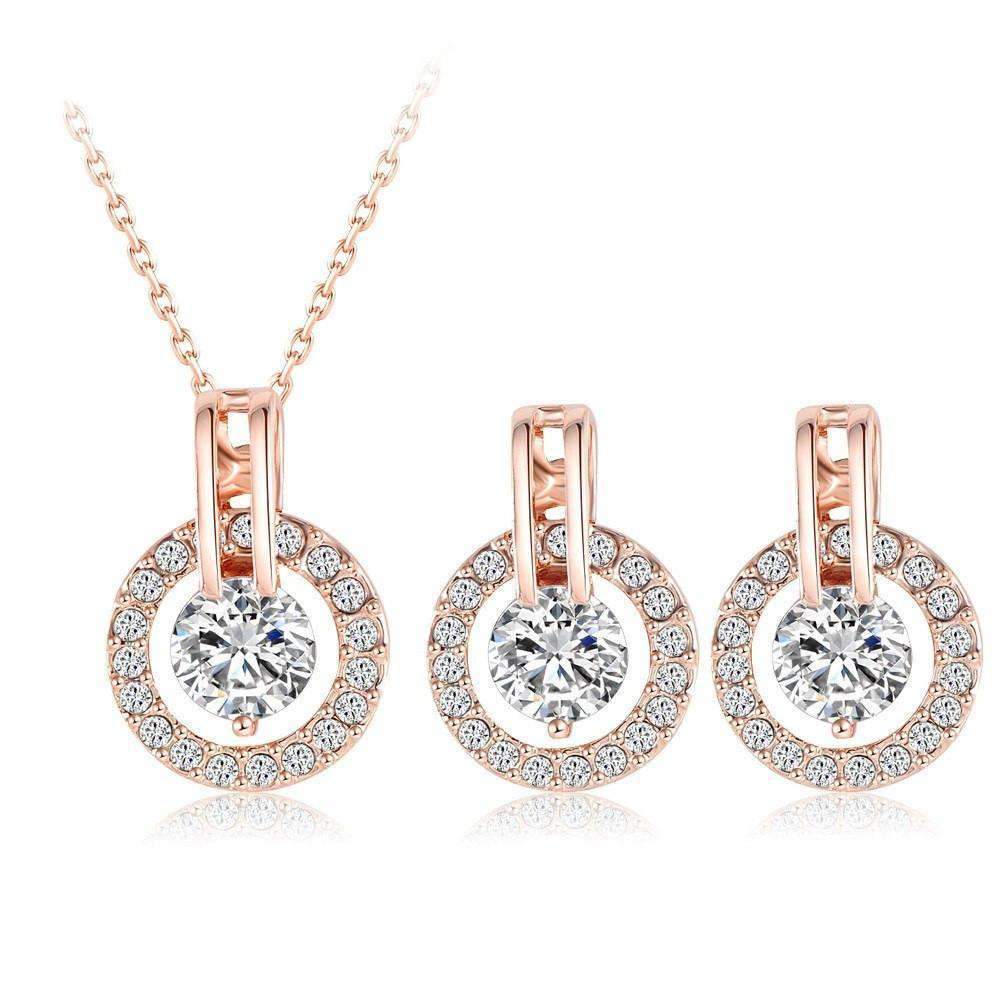 Rose Gold Necklace – Rose Gold Earrings - Clear Crystal - Silver Jewellery Set for Women - Splendid Jewellery